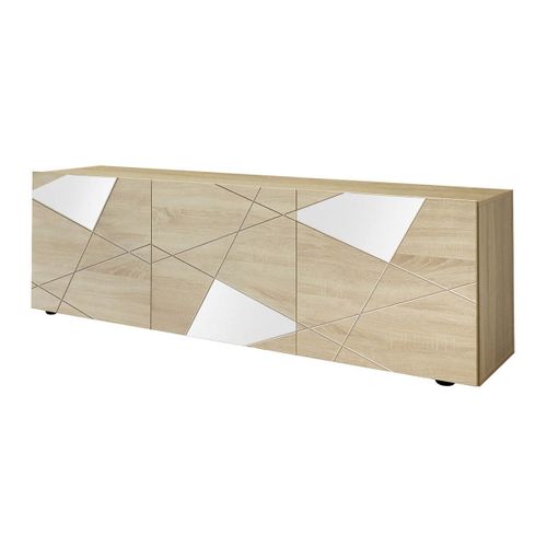 Meuble TV 3 Portes Finition Bois Samoa Avec Sérigraphies Et Miroirs - Oriana