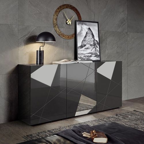 Buffet 3 Portes Finition Gris Carbone Avec Sérigraphies Et Miroirs - Oriana