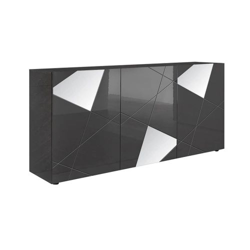 Buffet 3 Portes Finition Gris Carbone Avec Sérigraphies Et Miroirs - Oriana