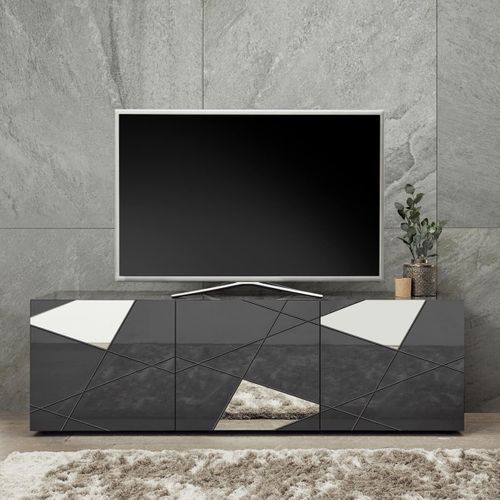 Meuble TV 3 Portes Finition Gris Carbone Avec Sérigraphies Et Miroirs - Oriana