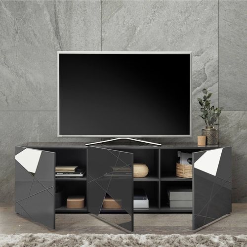 Meuble TV 3 Portes Finition Gris Carbone Avec Sérigraphies Et Miroirs - Oriana