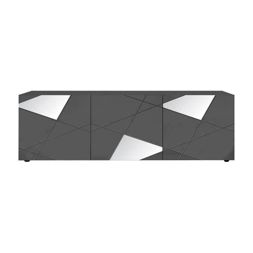 Meuble TV 3 Portes Finition Gris Carbone Avec Sérigraphies Et Miroirs - Oriana