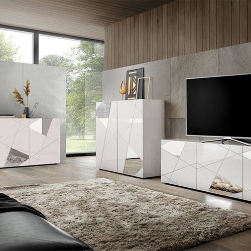 Ensemble Salon Finition Blanc Laqué Avec Sérigraphies Et Miroirs - Oriana