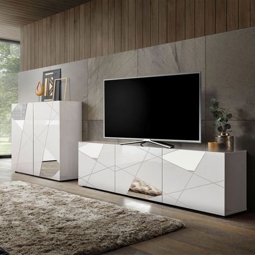 Ensemble Salon Finition Blanc Laqué Avec Sérigraphies Et Miroirs - Oriana