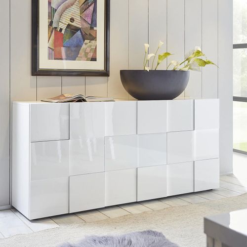 Buffet 3 Portes Finition Blanc Laqué Weiss Relief Damiers - Rebecca