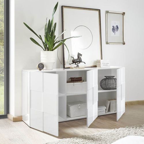 Buffet 3 Portes Finition Blanc Laqué Weiss Relief Damiers - Rebecca