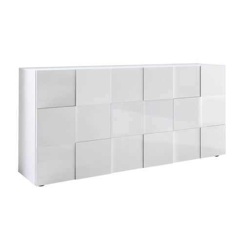 Buffet 3 Portes Finition Blanc Laqué Weiss Relief Damiers - Rebecca