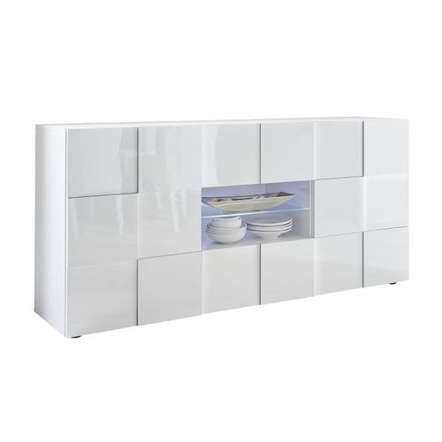 Buffet 2 Portes 2 Tiroirs Finition Blanc Laqué Weiss Relief Damiers Et LEDs - Rebecca