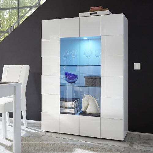 Vitrine 2 Portes Finition Blanc Laqué Weiss Relief Damiers Et LEDs - Rebecca