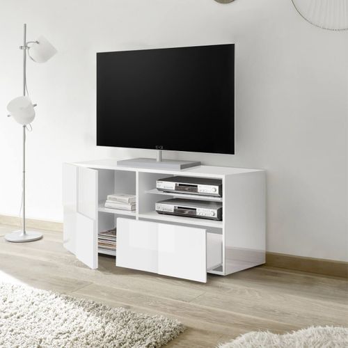 Meuble TV 121 Cm Finition Blanc Laqué Weiss Relief Damiers Et LEDs - Rebecca