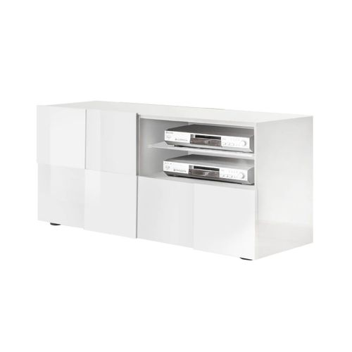 Meuble TV 121 Cm Finition Blanc Laqué Weiss Relief Damiers Et LEDs - Rebecca