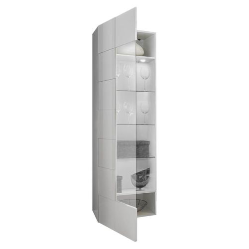 Vitrine 1 Porte Finition Blanc Laqué Relief Weiss Damiers Et LEDs - Rebecca