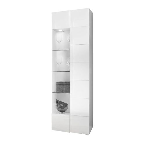 Vitrine 1 Porte Finition Blanc Laqué Relief Weiss Damiers Et LEDs - Rebecca
