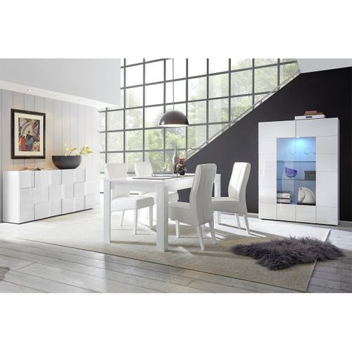 Ensemble Séjour Buffet 3p + Vitrine 2p Blanc Laqué Weiss Relief Damiers - Rebecca