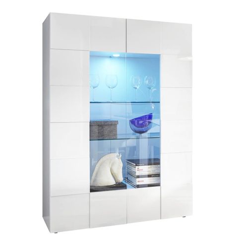 Ensemble Séjour Buffet 3p + Vitrine 2p Blanc Laqué Weiss Relief Damiers - Rebecca