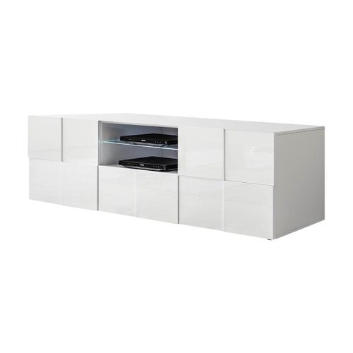 Ensemble Salon Complet Meuble TV 181 Cm Blanc Laqué Weiss Relief Damiers - Rebecca