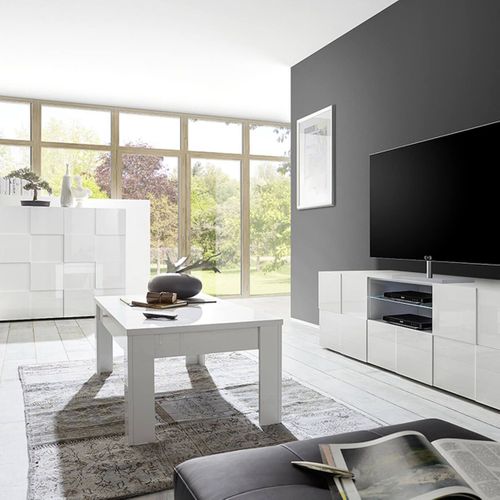 Ensemble Salon Complet Meuble TV 181 Cm Blanc Laqué Weiss Relief Damiers - Rebecca
