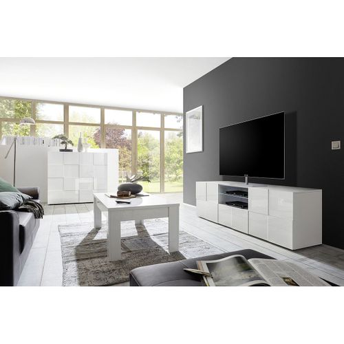 Ensemble Salon Complet Meuble TV 181 Cm Blanc Laqué Weiss Relief Damiers - Rebecca