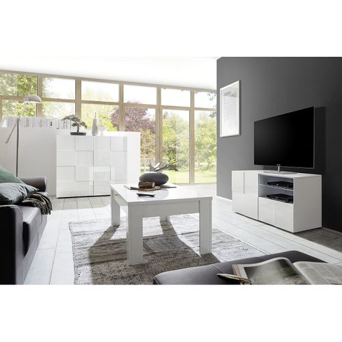 Ensemble Salon Complet Meuble TV 121 Cm Blanc Laqué Weiss Relief Damiers - Rebecca