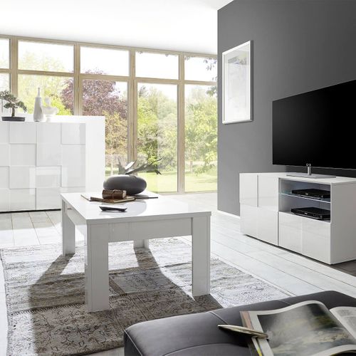 Ensemble Salon Complet Meuble TV 121 Cm Blanc Laqué Weiss Relief Damiers - Rebecca