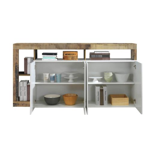 Buffet 4 Portes Blanc Laqué Encadrement Niches Aspect Bois Antik - Arturo