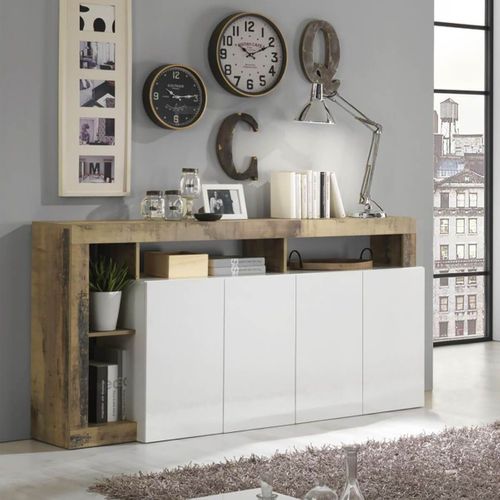 Buffet 4 Portes Blanc Laqué Encadrement Niches Aspect Bois Antik - Arturo