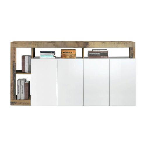 Buffet 4 Portes Blanc Laqué Encadrement Niches Aspect Bois Antik - Arturo