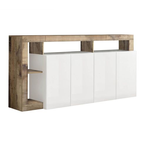 Buffet 4 Portes Blanc Laqué Encadrement Niches Aspect Bois Antik - Arturo