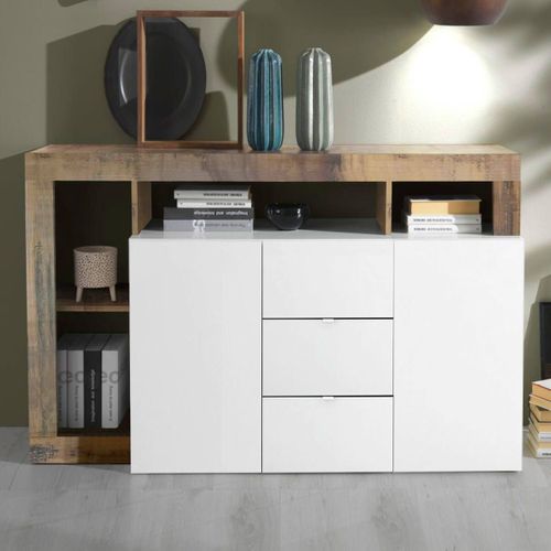 Buffet 2 Portes 3 Tiroirs Blanc Laqué Encadrement Niches Aspect Bois Antik - Arturo