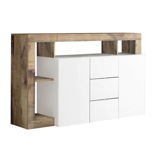 Buffet 2 Portes 3 Tiroirs Blanc Laqué Encadrement Niches Aspect Bois Antik - Arturo