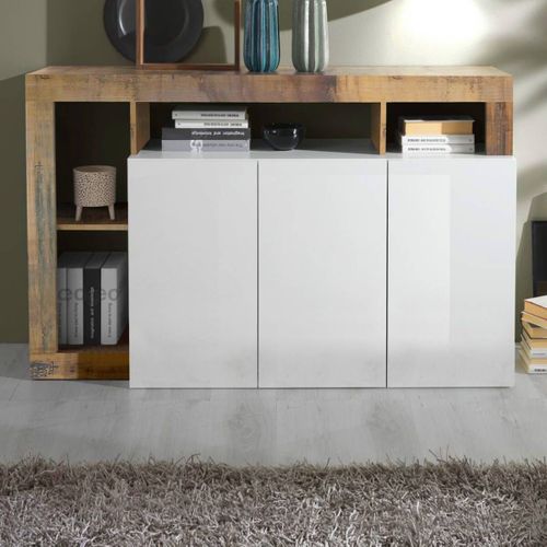 Buffet 3 Portes Blanc Laqué Encadrement Niches Aspect Bois Antik - Arturo