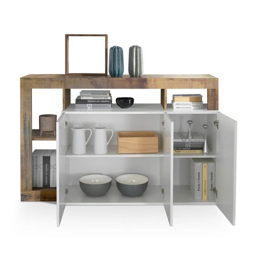 Buffet 3 Portes Blanc Laqué Encadrement Niches Aspect Bois Antik - Arturo
