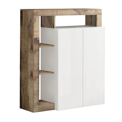 Meuble Bar 2 Portes Blanc Laqué Encadrement Niches Aspect Bois Antik - Arturo
