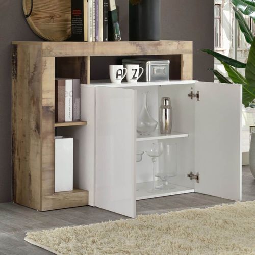 Buffet 2 Portes Blanc Laqué Encadrement Niches Aspect Bois Antik - Arturo