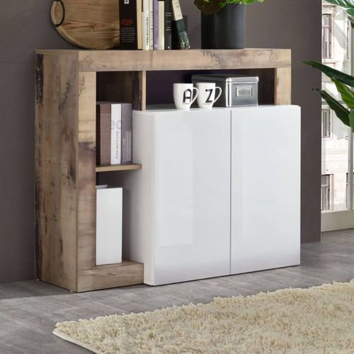 Buffet 2 Portes Blanc Laqué Encadrement Niches Aspect Bois Antik - Arturo