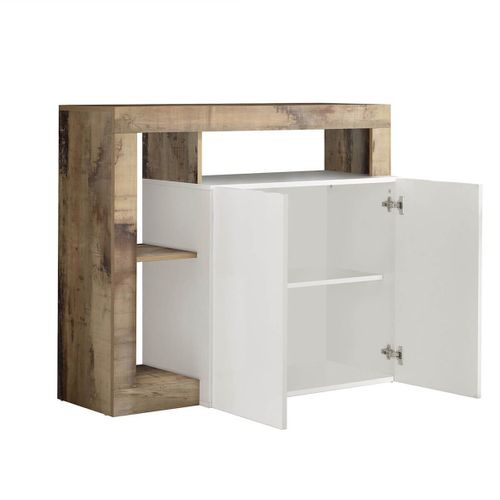 Buffet 2 Portes Blanc Laqué Encadrement Niches Aspect Bois Antik - Arturo