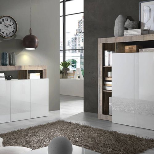 Ensemble Buffet 3p + Meuble Bar Blanc Laqué Niches Aspect Bois Antik - Arturo