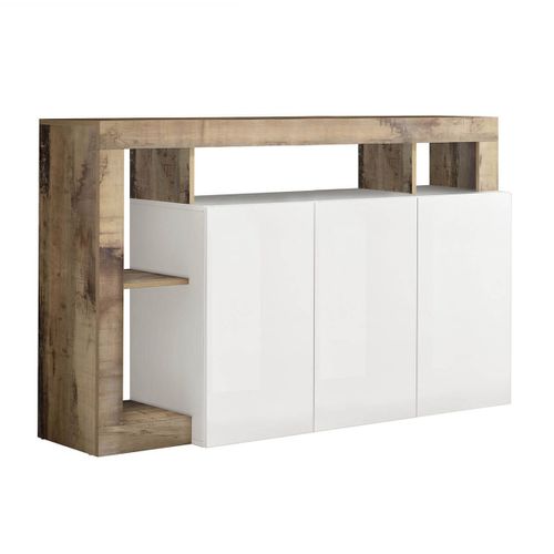Ensemble Buffet 3p + Meuble Bar Blanc Laqué Niches Aspect Bois Antik - Arturo