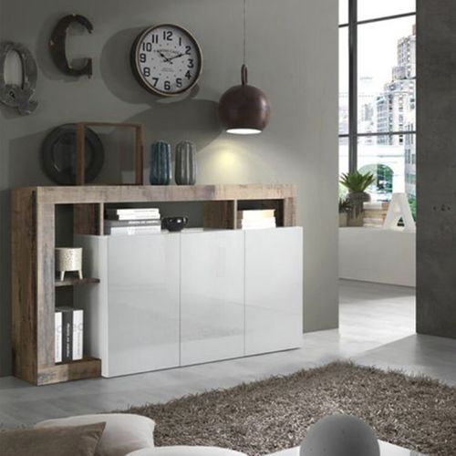 Ensemble Buffet 3p + Meuble Bar Blanc Laqué Niches Aspect Bois Antik - Arturo