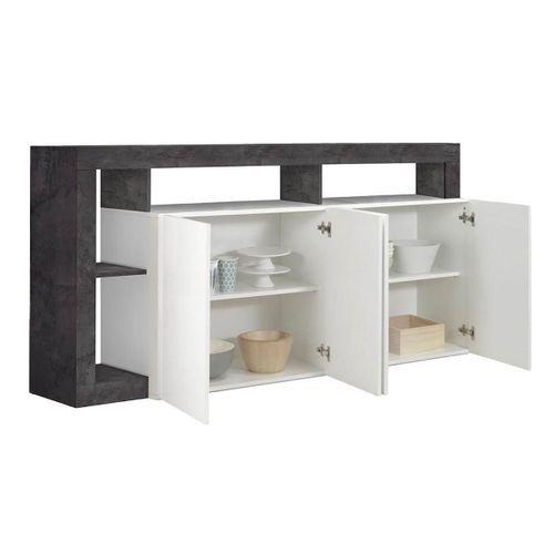 Buffet 4 Portes Blanc Laqué Encadrement Niches Aspect Gris Oxyde - Arturo