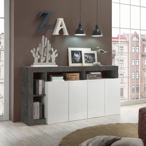 Buffet 4 Portes Blanc Laqué Encadrement Niches Aspect Gris Oxyde - Arturo