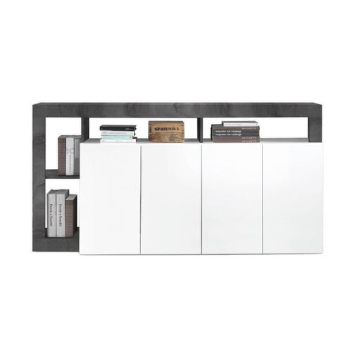 Buffet 4 Portes Blanc Laqué Encadrement Niches Aspect Gris Oxyde - Arturo