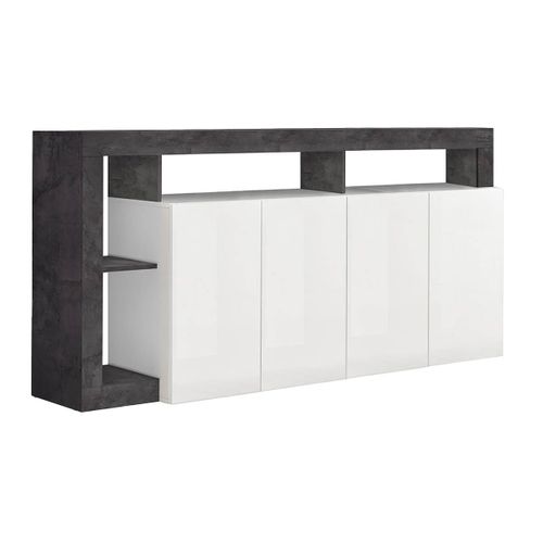 Buffet 4 Portes Blanc Laqué Encadrement Niches Aspect Gris Oxyde - Arturo