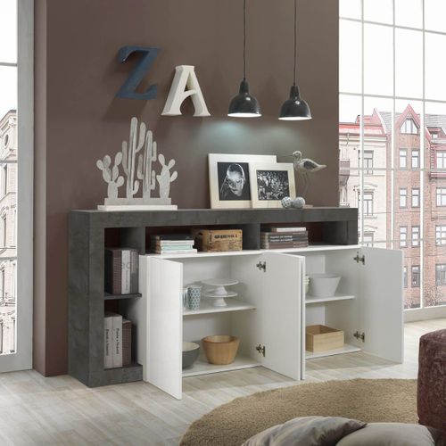 Buffet 4 Portes Blanc Laqué Encadrement Niches Aspect Gris Oxyde - Arturo