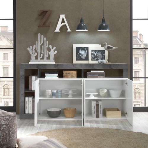 Buffet 4 Portes Blanc Laqué Encadrement Niches Aspect Gris Oxyde - Arturo