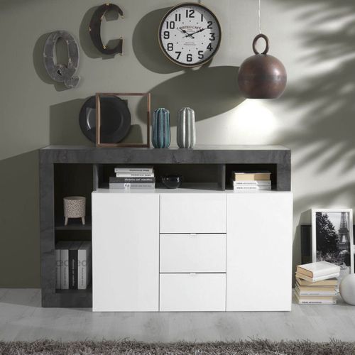 Buffet 2 Portes 3 Tiroirs Blanc Laqué Encadrement Niches Aspect Gris Oxyde - Arturo