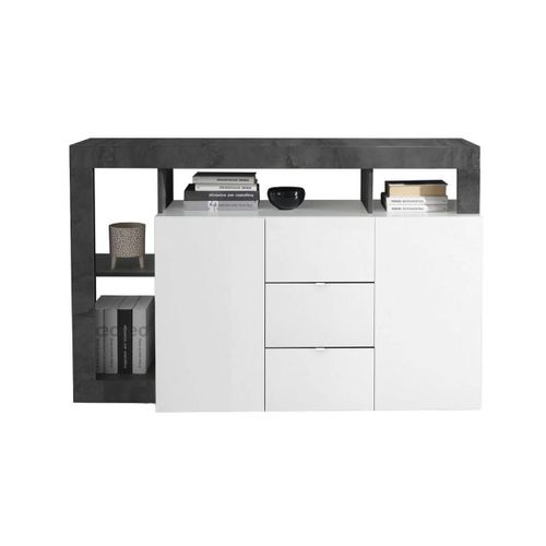 Buffet 2 Portes 3 Tiroirs Blanc Laqué Encadrement Niches Aspect Gris Oxyde - Arturo