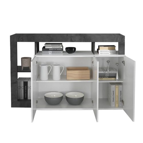 Buffet 3 Portes Blanc Laqué Encadrement Niches Aspect Gris Oxyde - Arturo
