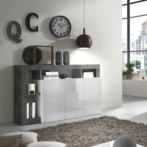 Buffet 3 Portes Blanc Laqué Encadrement Niches Aspect Gris Oxyde - Arturo