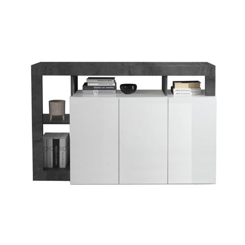 Buffet 3 Portes Blanc Laqué Encadrement Niches Aspect Gris Oxyde - Arturo